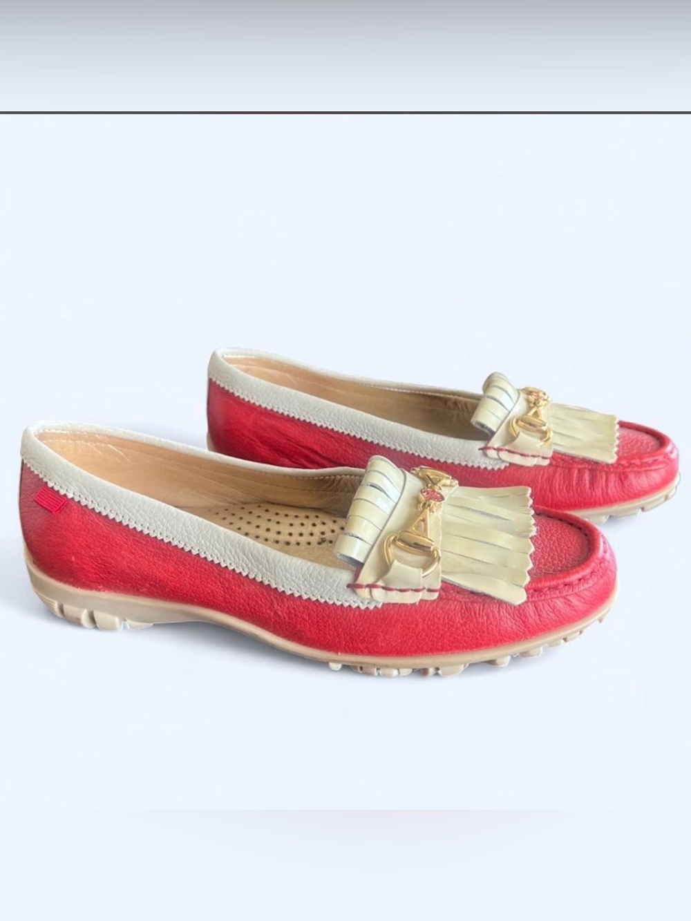 Marc Joseph Red and Cream Tassel Fringe Driving Loafers